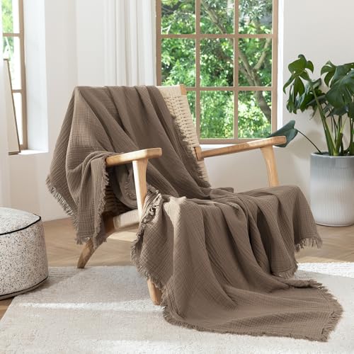 MooMee 100% Cotton Muslin Blanket Fringed 4-Layer Gauze Bed Throw, King - color: Brown, size: King