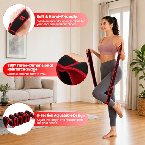 Resistance Band for Stretching, Yoga, Pilates and Fitness, Number Stretch Fitness Band with Clear Markings, 8-Section Elastic Latex Training Bands with Adjustable Tension for Body Shaping - color: Red-Black