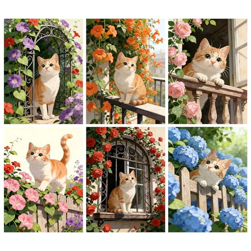 DOTSOPS 5D 6 Pcs Cat Diamond Painting Kits for Adults Diamond Art Kits | Crafts DIY Round Full Drill Painting,Gem Art for Beginner,Home Wall Decor Gift 11.8 x 15.7 Inches - color: kitty