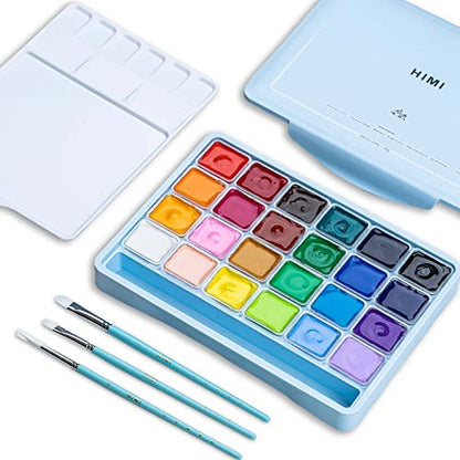 HIMI Gouache Paints set with 3 Paint Brushes, 24 Colors, 30g, Jelly Cup Design, Non Toxic Paint for Canvas and Paper, Art Supplies for Professionals (Ice Blue Case) - color: Ice Blue