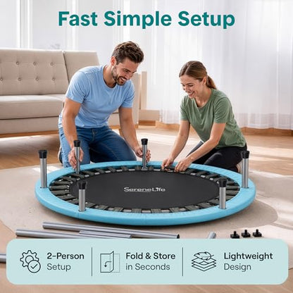 SereneLife 40" Foldable Mini Trampoline for Adults - Compact Fitness Rebounder with Adjustable Foam Handle, Exercise Trampoline with Max Load 330lbs, Indoor/Garden Whole-Body Workout - color: Sky Blue