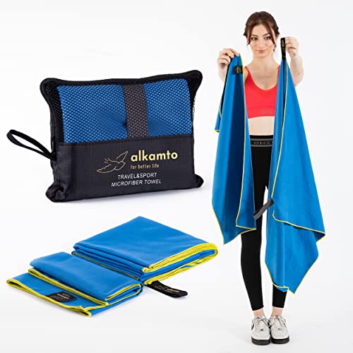 alkamto Microfiber Gym & Travel Towel Set of 2 Size in 1 Pack (XL + S) - Camping Towel - Sports & Beach & Yoga Towel- Quick Dry Towel - Super Absorbent (Blue)