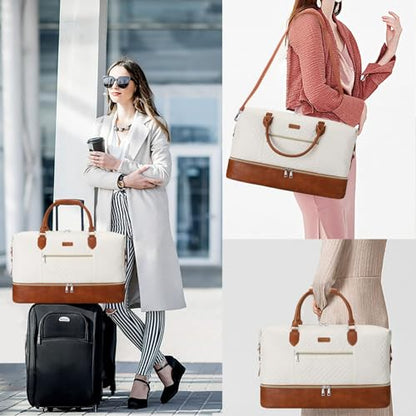 ITIEZY Weekender Bag for Women 21.5" Travel Duffel Large Carry On Bag 3PCS | Nylon Duffel Bag with Waterproof Shoe Compartment, Crossbody Bag and Toiletry Bag, Travel Weekend Hospital Overnight Gym Bag - color: 1-Beige