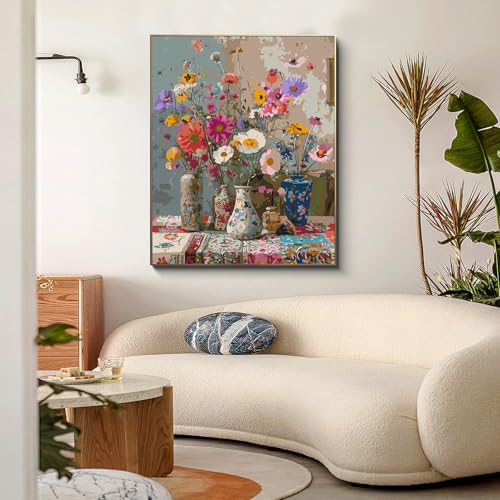PRASIO Flowers Paint by Numbers Kit for Adults Beginner 16x20 Inch | DIY Acrylic Adult Paint by Numbers Kit on Canvas, Floral Number Painting for Adults, for Home Wall Decor, for Gift - color: XM-OP-ColorfulVases-4050