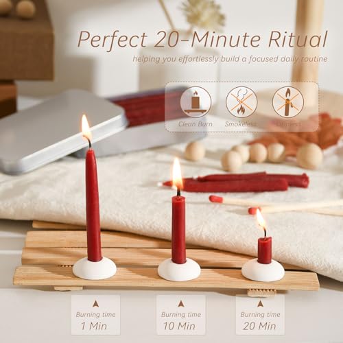 20 Minute 100% Pure Beeswax Candles, Mini Mindful Meditation Taper Candles, Smokeless & Dripless with Holder for Yoga, Prayer, Relaxation (Red,24 Pack) - color: Red