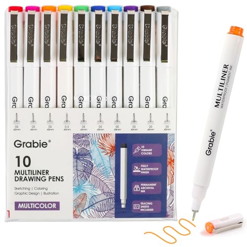 Grabie Micro Fineliner Pens, 10 Multicolor Waterproof Drawing Pens | Waterproof Pigment Ink, 10 Assorted Tip Sizes, Multicolor Fine Lines, Metal-Clad Nibs, Smooth Ink Flow, Smudge Resistant - color: 10-Multicolor