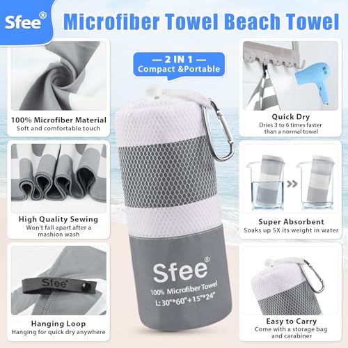 Sfee 2 in 1 Microfiber Beach Towel, Quick Dry Towel Camping Towel Travel Towel Super Absorbent Compact Lightweight Sports Gym Towels Set for Beach, Gym, Hiking, Pool, Backpacking, Bath, Yoga - color: Grey Stripe, size: L 60"x30"+24"x15"