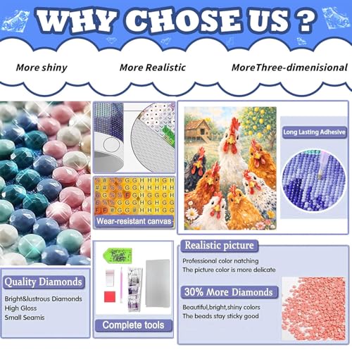Chicken Diamond Painting Kits for Adults, Animal Diamond Art for Adults | Full Round Drill Paint by Diamond, Chicken Diamond Art Painting, Gem Arts and Crafts for Adults Beginners 12x16 Inch - color: Chicken