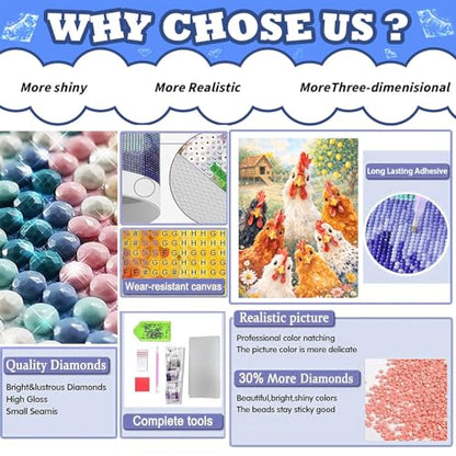 Chicken Diamond Painting Kits for Adults, Animal Diamond Art for Adults | Full Round Drill Paint by Diamond, Chicken Diamond Art Painting, Gem Arts and Crafts for Adults Beginners 12x16 Inch - color: Chicken