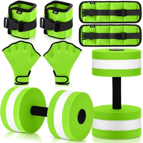 Hollowfly 6 Pcs Water Aerobics Equipment Set Full Body Pool Exercise Kit, 2 Aqua Dumbbells, 2 Adjustable Ankle/Wrist Weights, 2 Webbed Swim Gloves, Low Impact Aquatic Workout Gear - color: Green, size: 1lb