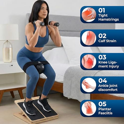 Portable Wooden Slant Board for Calf Stretching, Adjustable Calf Stretcher & Slant Board for Squats, Pilates, Physical Therapy, Rehab & Mobility Exercises, 5 Incline Levels, Lightweight & Durable