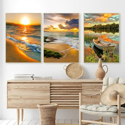 OFRKE Diamond Painting Kits for Adults,3 Pack Sunset Ocean Diamond Art for Beginners, Diamond Round 5D Full Drill Paint with Diamonds Pictures Gem Art Painting Kits DIY Crafts Kits 12x16inch - color: 3pcs-Sunset Ocean