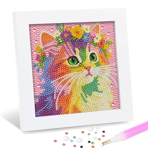 Leixonl Diamond Art Kits for Kids with Framed (7 in) Cartoon Animals DIY Gem Art Painting - Arts & Crafts Gifts for Beginners & Teens (1p-6-in-cat) - color: Cat
