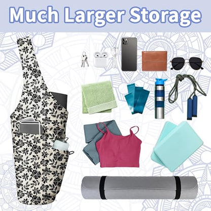 Yoga Bag for Women, Large Yoga Mat Bag Tote Carrier with Wet Dry Pocket | Water Bottle Holder & Adjustable Strap, Fits 1/2" Thick Yoga Mat for Gym, Pilates, Travel, Work - color: Black Flowers