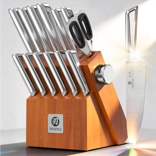 imarku Gyutou Knife Set, High Carbon Steel, Block & Sharpener, Gift Box | 56 HRC Hardness, 15° Razor Sharp Edge, Ergonomic Non-Slip Handle, Brown Wood Block, Ideal Gift for Cooking Enthusiasts - color: Silver/Brown