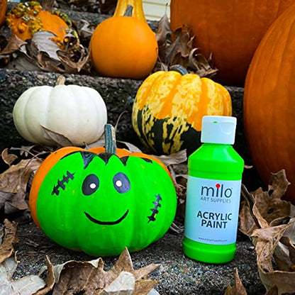 milo Fluorescent Acrylic Paint Set of 6 Colors | 4 oz Bottles | Student Neon Colors Acrylics Painting Pack | Made in the USA | Non-Toxic Art & Craft Paints for Artists, Kids, & Hobby Painters | Glows in Black Light, AP Certified Non-Toxic, Made in USA, Ar