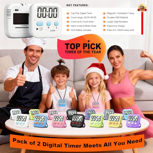 Antonki 2 Pack Digital Timer for Kids Classroom Kitchen Timers for Cooking | w/ Battery, Easy to View, Alarm, Mute Mode, Count Down/Up, Magnetic, Kickstand, Hanging, Classroom Timer for Teacher Supplies - color: 2 * Classic White ( 97%+choice )