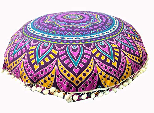 INDIAN CRAFT CASTLE New Pink Ombre 24" Mandala Barmeri Large Floor Pillow Cover Cushion Meditation Seating Ottoman Throw Cover Hippie Decorative Zipped Bohemian Pouf Ottoman Pom Pom Cases 24" Round - color: Pink Yellow, style: 24 Inch Round
