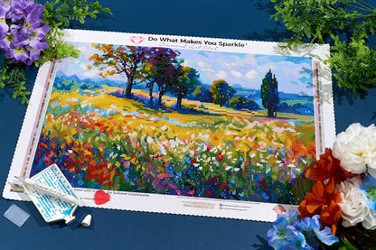 DIAMOND ART CLUB Wildflower Field with Trees in the Summer Countryside | Diamond Art Kits for Adults, Premium Diamond Painting Kit, Fun DIY Crafts for Adults, Round Diamond Art Canvas, 20" x 13" - color: Wildflower Field with Trees in the Summer Countrysi