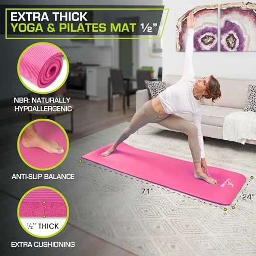 ProsourceFit Extra Thick Yoga and Pilates Mat 1/2” (13mm) or 1" (25mm), 71-inch Long High Density Exercise Mat with Comfort Foam and Carrying Strap - color: PINK, size: 1/2"