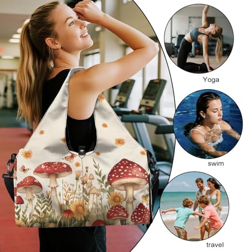 Gym Bag with Yoga Mat Holder Large Tote Bag With Multi Pockets for Women Men Dry Wet Separated Pocket Carryall Yoga Tote Bag for Pilates Travel Workout Office - color: Mushroom