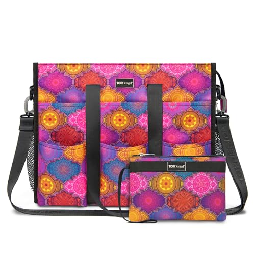 TOPDesign Utility Water Resistant Tote Bag with 22 Pockets, Top Zipper Closure & Thick Bottom Support, for Working Women - color: Yoga Totem, size: Medium