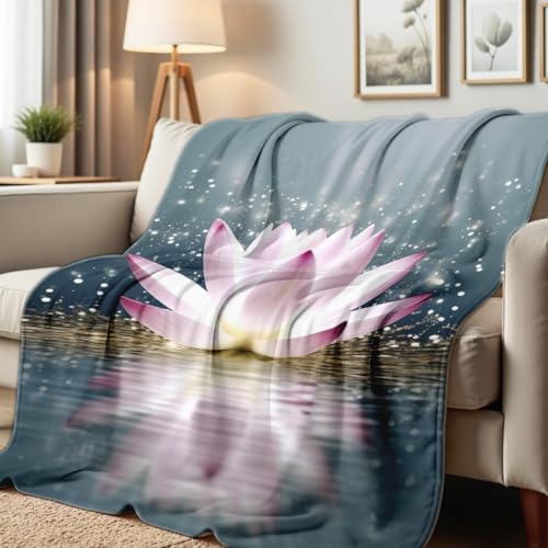 Lotus Flower on Water Print Blanket White Floral Throw Blanket Zen Flannel Throw for Couch Bed Office Yoga Room Meditation Spa Decor Gifts (49"x59") - color: Pink, size: 49"x59"