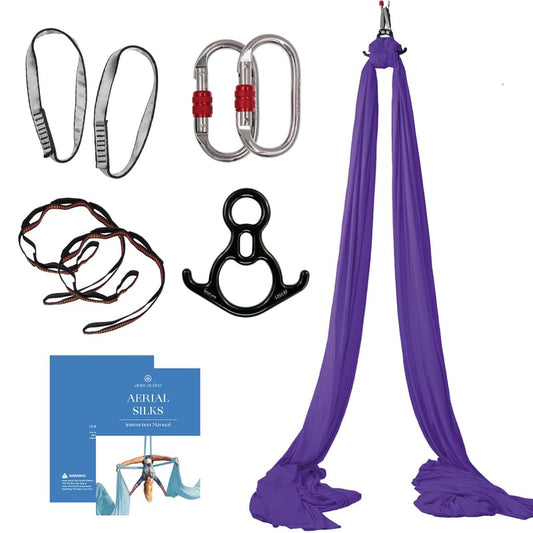 Aerial Silks Starter Kit, 9 Yards, Aerial Yoga Hammock, Hardware | Knitted fabric with pose guide, for aerial yoga, gymnastics, silk swing, stretching and home gym use, suitable for all levels - color: Royal Purple