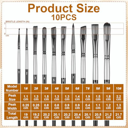 10 Pcs Flat Paint Brush Set, Synthetic Nylon Hair Art Brushes for Acrylic Watercolor Oil Gouache, Detail Face Body Craft Painting, Artist Kit with Wooden Handle for Beginners Adults