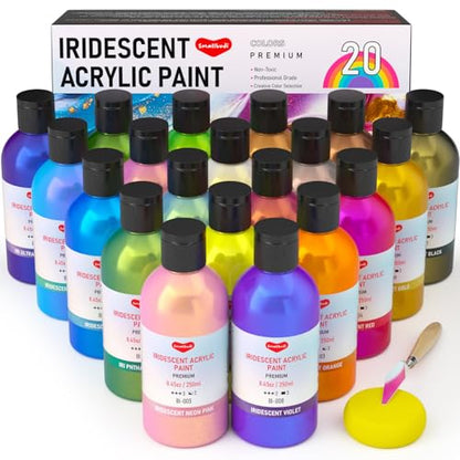 Smallbudi Iridescent Acrylic Paint Set, 20 Colors Bulk Color Shifting Paint | 250ml/8.45oz Large Bottles Fluid Painting Medium, Non Toxic Pearlescent Chameleon Craft Paint for Canvas Rocks Wood Crafts