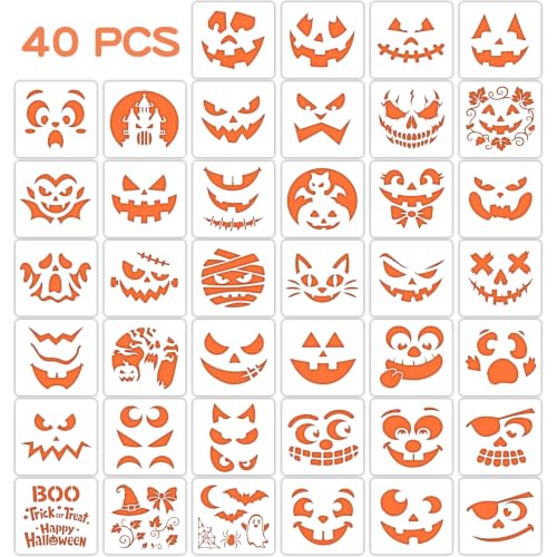 40 PCS Halloween Painting Stencils, 6 Inch Plastic Reusable Pumpkin Faces Painting Stencil, Jack - O'-Lantern Painting Templates for DIY Pumpkin Carving, Wood, Walls Art and Halloween Decoration - style: 40PCS Pumpkin Stencil