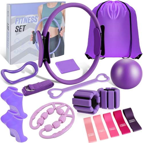 LiKiLiKi Pilates Ring and Ball Set, Home Pilates Equipment for Women with Resistance Bands, 12'' Magic Circle, 9.8'' Ball, for Strength, Toning and Flexibility, Fitness Essentials Starter Accessories - color: Purple