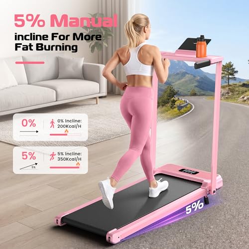 ANCHEER Walking Pad with Handle Bar, 12% Incline, Foldable Treadmill - color: Pink