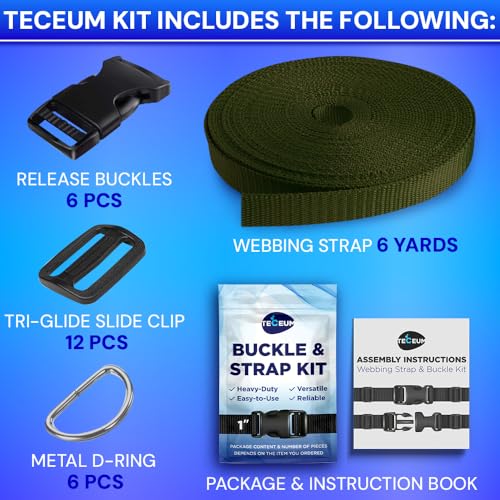 TECEUM 1" Nylon Strap Kit with Buckles, Khaki 6 yards Repair Set | Heavy duty hardware kit: 6yd webbing, 6 quick release buckles, 12 tri-glide slide clips, 6 metal D-rings for crafting. - color: Khaki, size: 1" - 6 yards, style: 6 Buckle - 12 Slides - 6 D