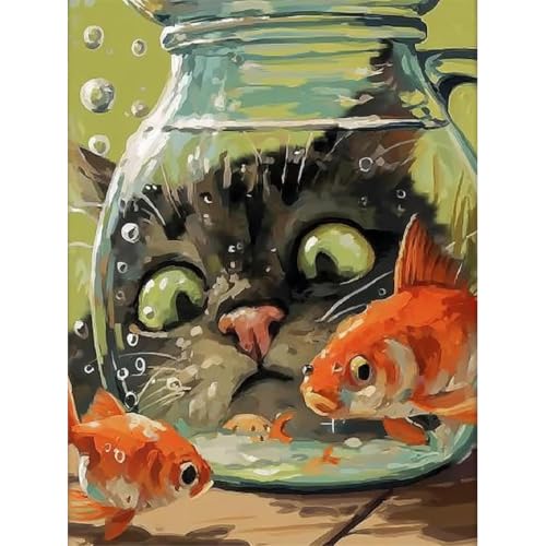 Fairyland JinWenn Curious Cat Fish Paint by Numbers Kit for Adults Framed Canvas Frameworkless - color: YH04413
