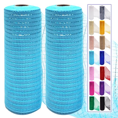 Sky Blue Mesh Ribbon Rolls 10 Inch 10 Yds, Deco Mesh Fabric for Wreaths | (2 Rolls) 30Ft Each, Decorative Foil Mesh for Christmas Tree Ribbon, Door Decor, DIY Crafts, Halloween, Wedding Party Supplie - color: Sky Blue