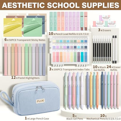 62PCS Aesthetic School Supplies Cute Back to School Supplies Stationary Set | College Preppy Essentials Kit with Large Pencil Pouch Case, Pastel Highlighters Gel Pens Mechanical Pencils for Student Girls - color: Blue