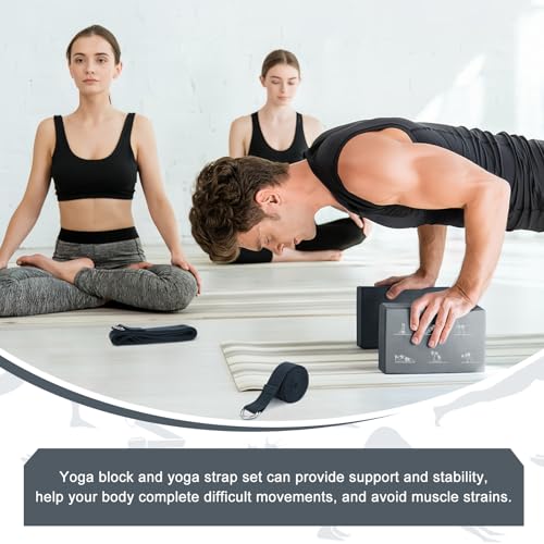 RETON Yoga Blocks Set with Straps, High Density Yoga Bricks, Lightweight EVA Foam Pilates Block, 2 Yoga Blocks with 2 Straps for Yoga, Pilates, Fitness, Stretching and Toning - color: Gray