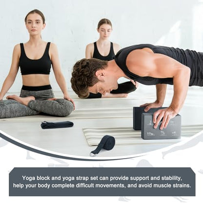 RETON Yoga Blocks Set with Straps, High Density Yoga Bricks, Lightweight EVA Foam Pilates Block, 2 Yoga Blocks with 2 Straps for Yoga, Pilates, Fitness, Stretching and Toning - color: Gray