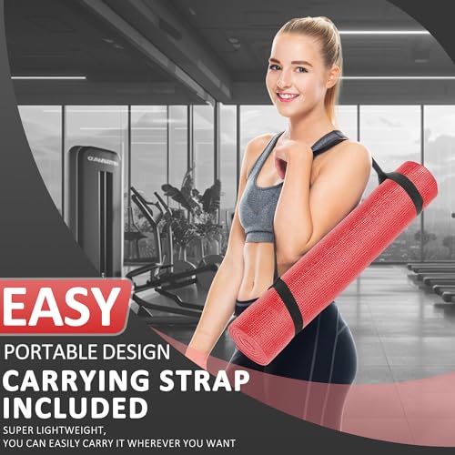 Fitvids All Purpose Thick High Density No Tear Exercise Yoga Mat with Strap & Lightweight Features for Indoor & Outdoor Use - color: Red