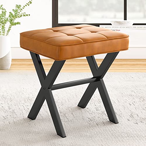 LUE BONA Vanity Stool, Faux Leather X-Leg Foot Stool, Small Ottoman Makeup Stool Chair for Vanity, Modern Padded Foot Rest Vanity Seat for Makeup Room, Bathroom, Whiskey Brown - color: Whiskey Brown
