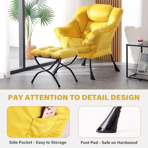 Tiita Lazy Chair with Ottoman, Comfy Reading Accent Chair, Velvet Yellow - color: Yellow
