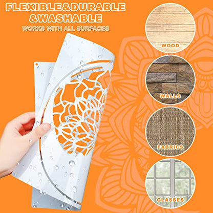 Zubebe 9 Pieces Mandala Sun and Moon Wall Stencil 11 x 11 Inches Moon Sun Flower Mandala Tile Stencils Reusable Painting Templates with Metal Open Ring for DIY Scrapbooks Wood Home Painting