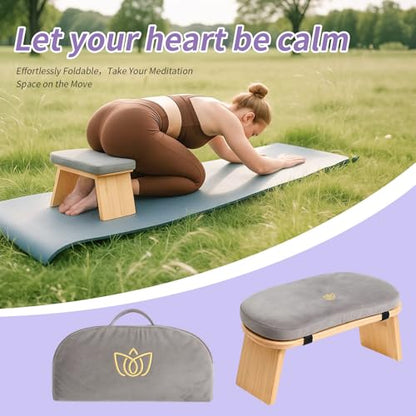 Bamboo Meditation Bench, Folding Meditation Stool with Velvet Cushion & Carry Bag, Seiza Prayer Stool, Kneeling Meditation Bench for Yoga, Mindfulness & Zen Practice