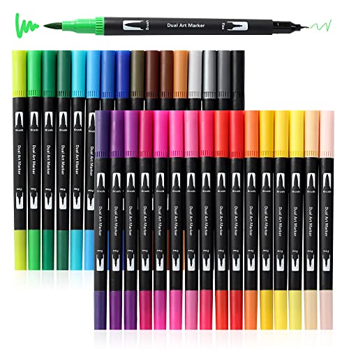 Peablce Art Markers Brush Pen Markers for Adult Coloring 32 Colored Pens | Fine Point Highlighter Pen & Brush Markres for Journaling Note Taking Planner