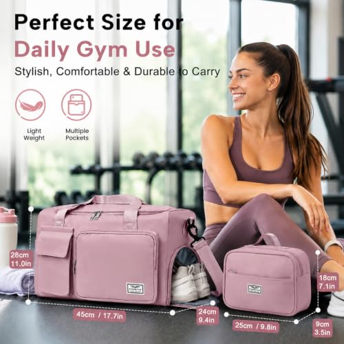 FIORETTO Women's Gym Duffle Bag with Shoes Compartment, 30L Capacity, Ideal for Travel, Gym, Sports, Duffel, Weekender - color: Grayish Pink, style: Gym Bag With Toiletry Bag