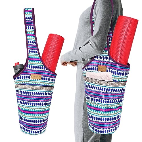 ALLEN & MATE 100% Cotton Canvas Yoga Mat Bag, Fits Mats up to 72 In Long and 7.5 In Thick, Wide Shoulder Strap, Zip Pocket, Blue Stripe - color: Blue Stripe