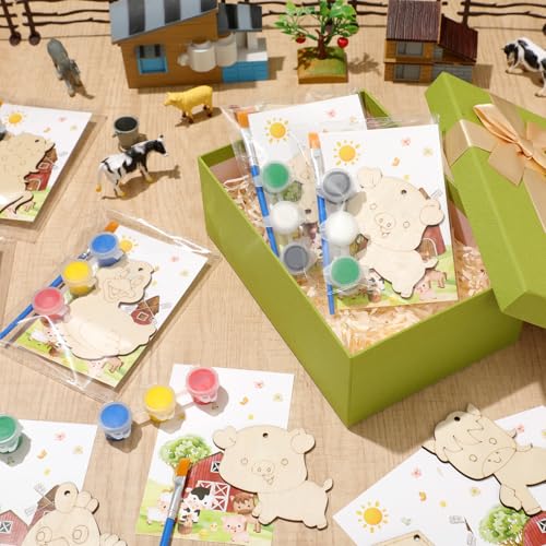 24 Pcs Farm Animals Party Favors Wooden Paint Craft Kits | Farm Theme Birthday DIY Activity, Animal Shapes with Barn,Organza Bags for Goodie Bag Fillers - style: Farm Animal
