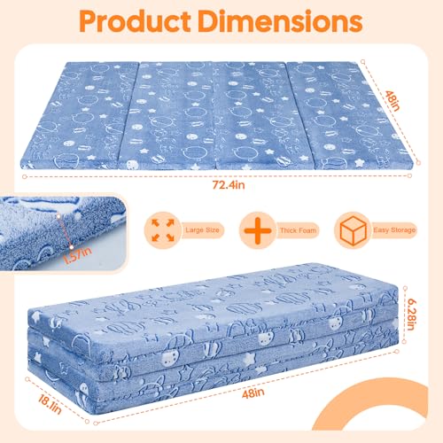 MeMoreCool Kids Floor Mattress, 48x72 Inch Foldable Play Mat, Outer Space - color: Denim Planet