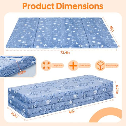 MeMoreCool Kids Floor Mattress, 48x72 Inch Foldable Play Mat, Outer Space - color: Denim Planet